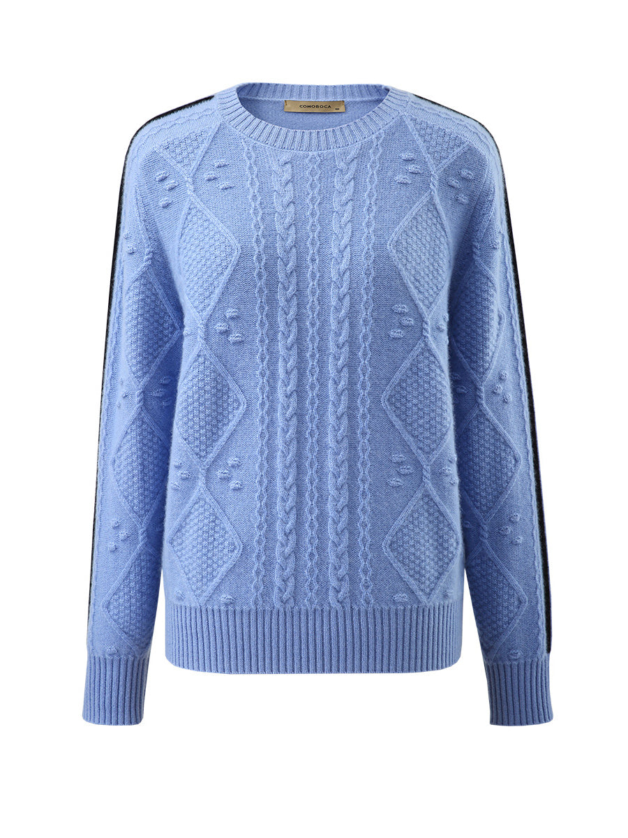 COMOBOCA Light Blue 100% Cashmere Women's Crew Neck Intarsia Knit Sweater