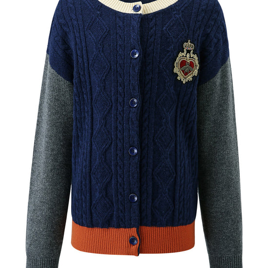 COMOBOCA 100% Wool Kids' Royal Embroidered Cable Knit Cardigan
