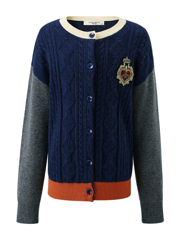 COMOBOCA 100% Wool Kids' Royal Embroidered Cable Knit Cardigan