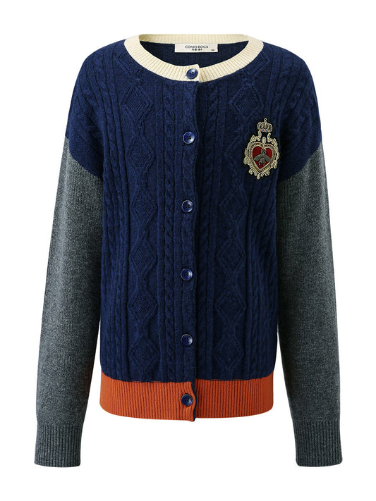 COMOBOCA 100% Wool Kids' Royal Embroidered Cable Knit Cardigan