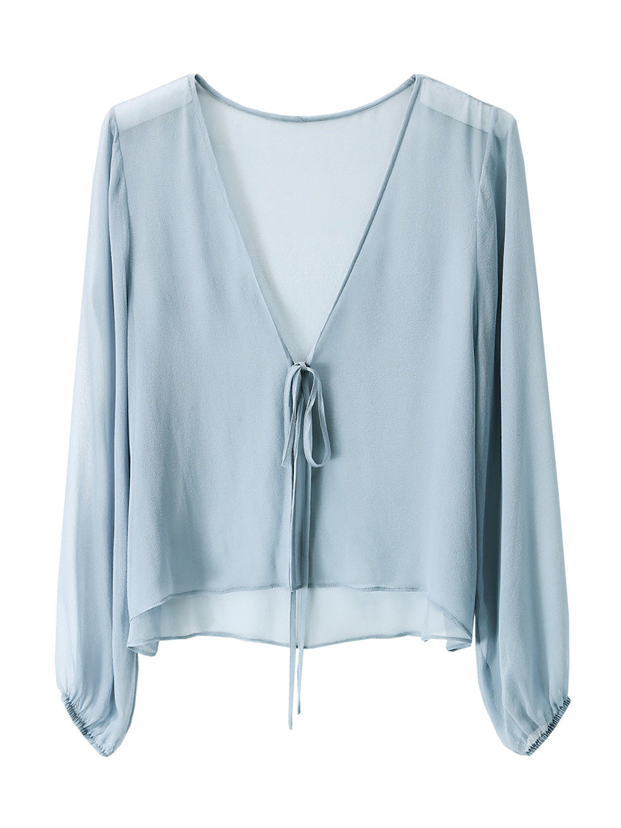 COMOBOCA 100% Mulberry Silk Women's Tie-Front Blouse