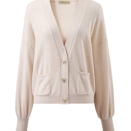 COMOBOCA 100% Cashmere Women's Puff Sleeve Knit Cardigan