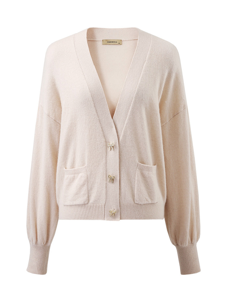 COMOBOCA 100% Cashmere Women's Puff Sleeve Knit Cardigan