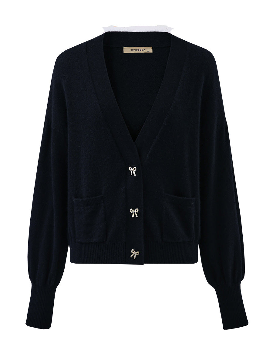 COMOBOCA 100% Cashmere Women's Puff Sleeve Knit Cardigan