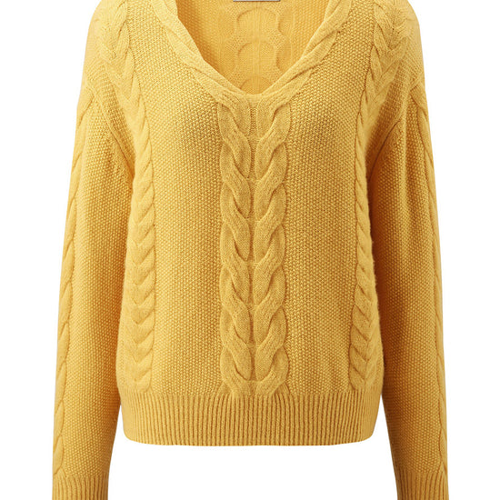 COMOBOCA 100% Cashmere Women's Cable Knit V-Neck Sweater