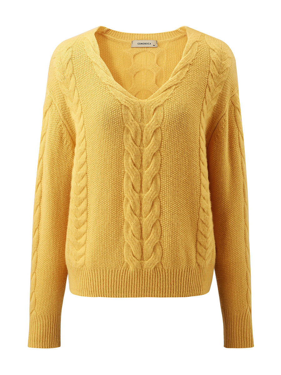 COMOBOCA 100% Cashmere Women's Cable Knit V-Neck Sweater