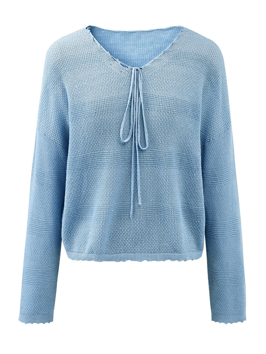 COMOBOCA Women's Tie-Neck Waffle Knit Top