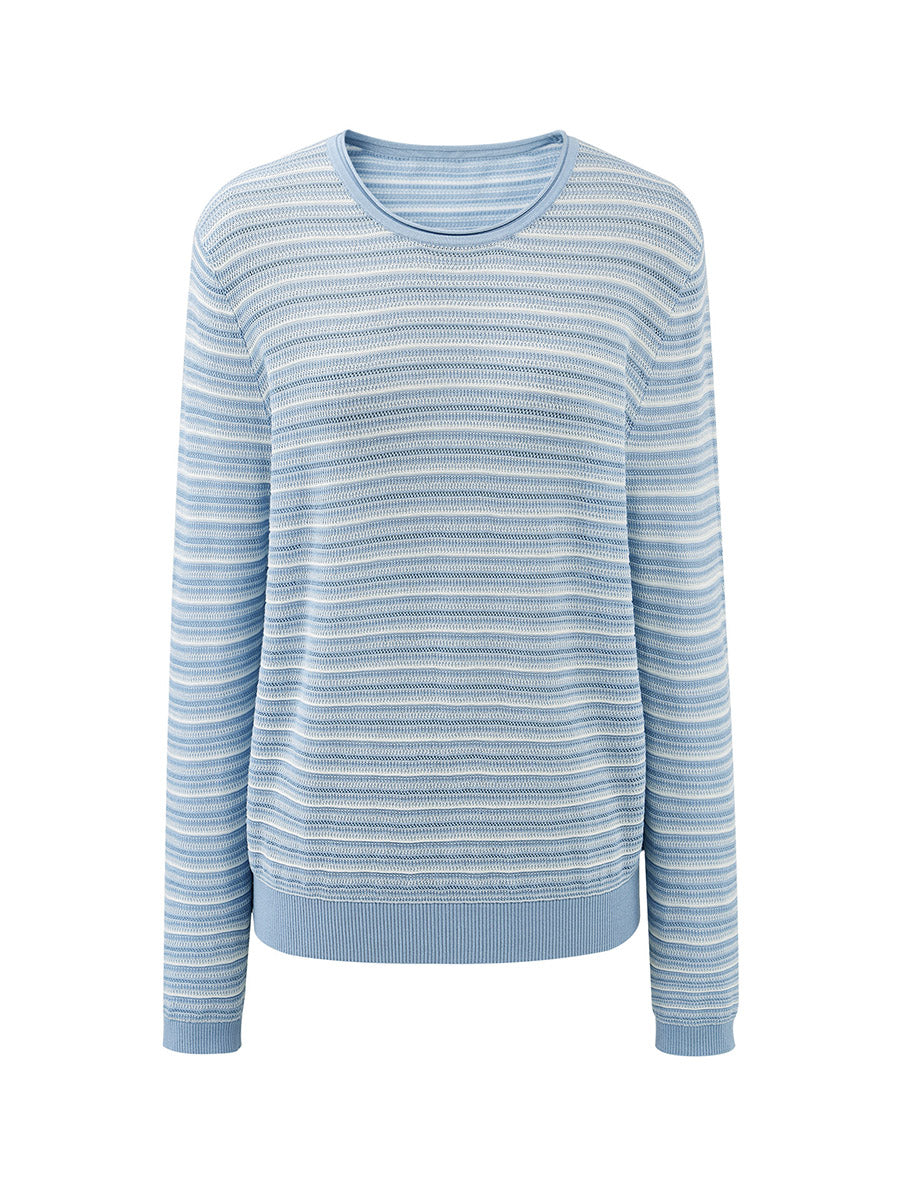 COMOBOCA Women's Striped Mesh Knit Round Neck Sweater