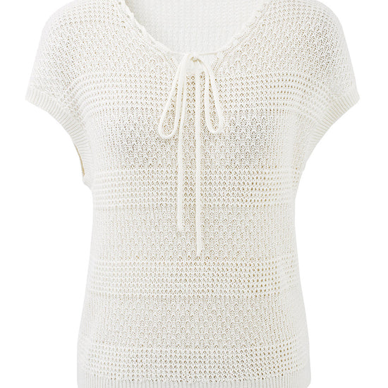 COMOBOCA Women's Tie-Neck Textured Knit Cap Sleeve Top