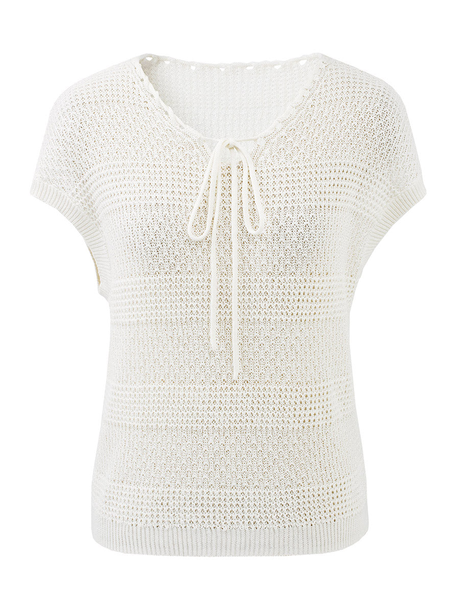 COMOBOCA Women's Tie-Neck Textured Knit Cap Sleeve Top