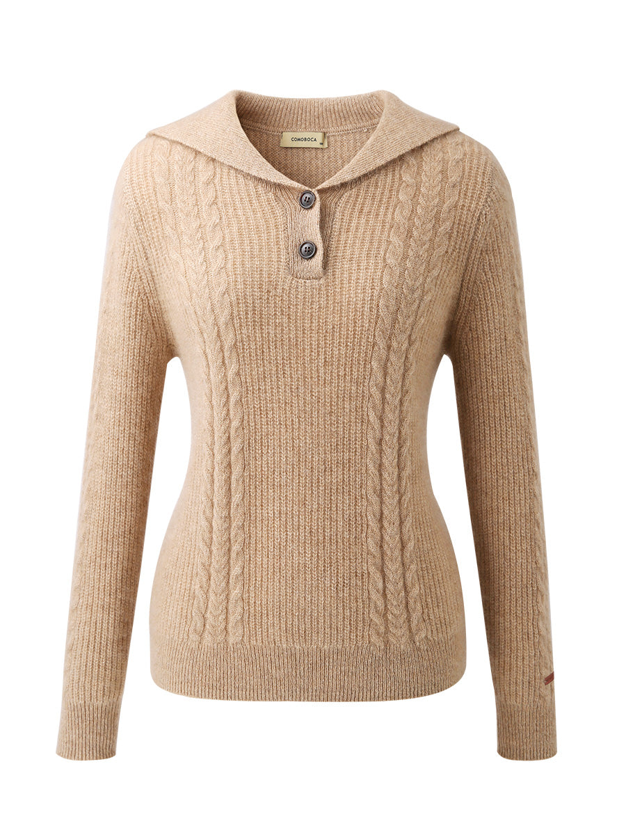 COMOBOCA 100% Cashmere Women's Cable Sailor Collar Sweater
