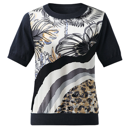 COMOBOCA Women's Cotton Silk Floral Ribbed Print Knit T-Shirt