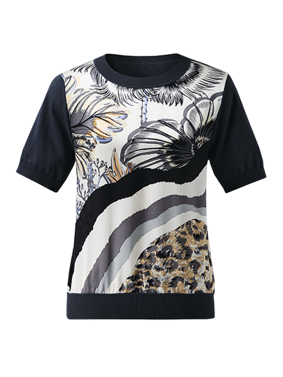 COMOBOCA Women's Cotton Silk Floral Ribbed Print Knit T-Shirt
