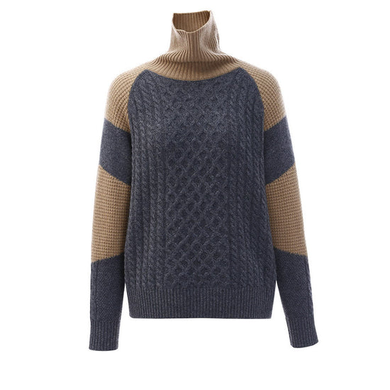 COMOBOCA 100% Cashmere Women's Cable Knit Color Block Sweater