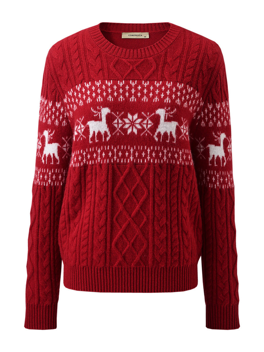 COMOBOCA 100% Cashmere Women's Cozy Reindeer Fair Isle Knit Sweater