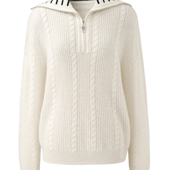 COMOBOCA 100% Cashmere Women's Cable Half Zip Striped Collar Sweater