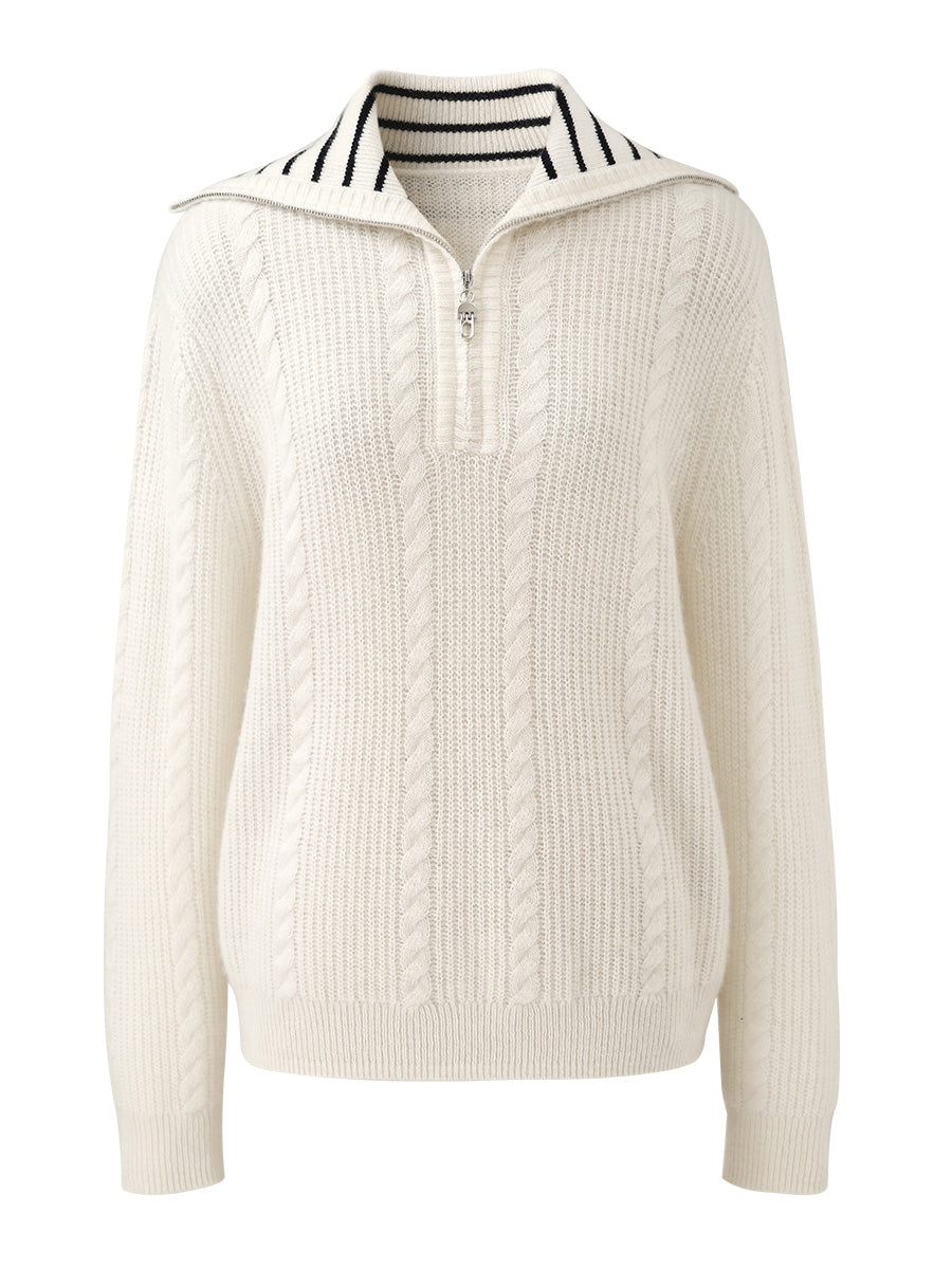 COMOBOCA 100% Cashmere Women's Cable Half Zip Striped Collar Sweater