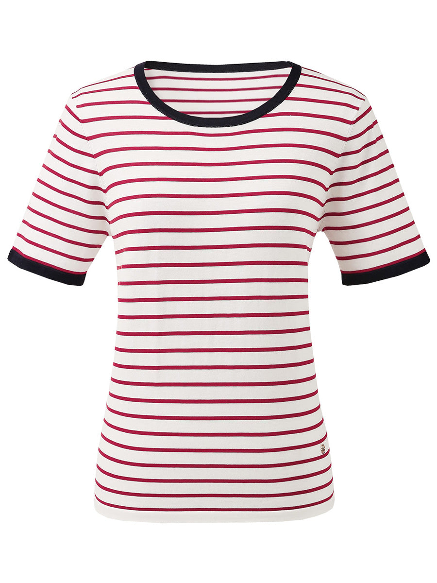 COMOBOCA Women's Striped Ribbed Contrast Trim T-Shirt