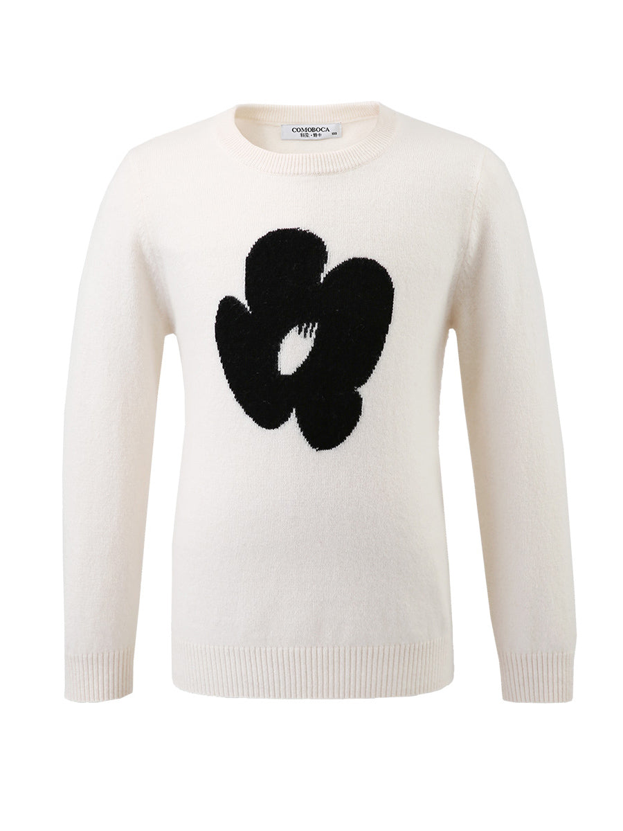 COMOBOCA 100% Wool Kids' Intarsia Round Neck Knit Sweater