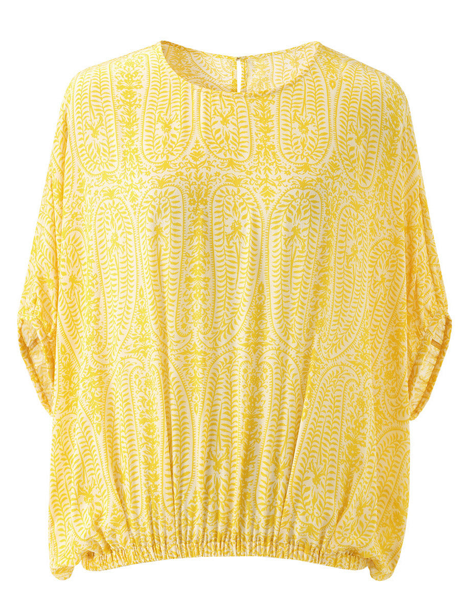 COMOBOCA 100% Mulberry Silk Women's Floral Printed Puff Sleeve Blouse