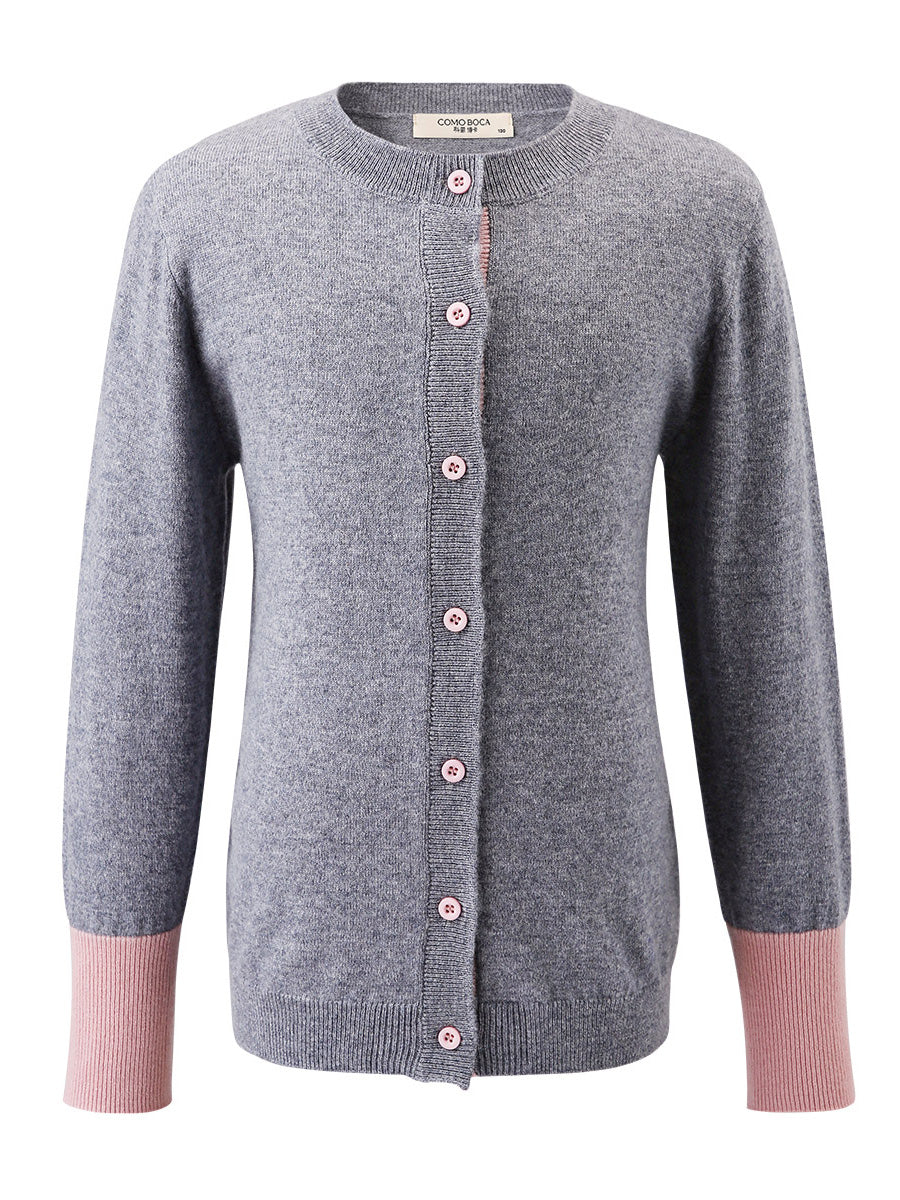 COMOBOCA 100% Wool Kids' Color Contrast Cuff Button Up Cardigan