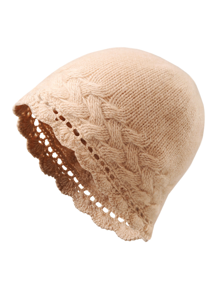 COMOBOCA 100% Cashmere Women's Crochet Trim Cable Knit Beanie