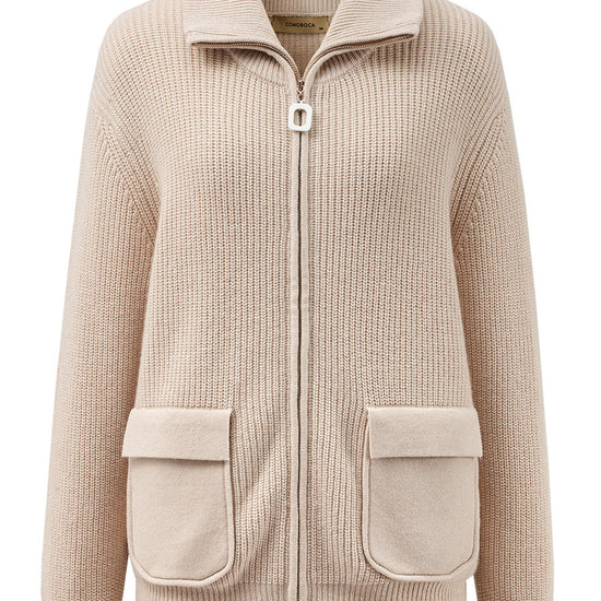 COMOBOCA 100% Wool Women's Knit Zipper Cardigan with Pockets