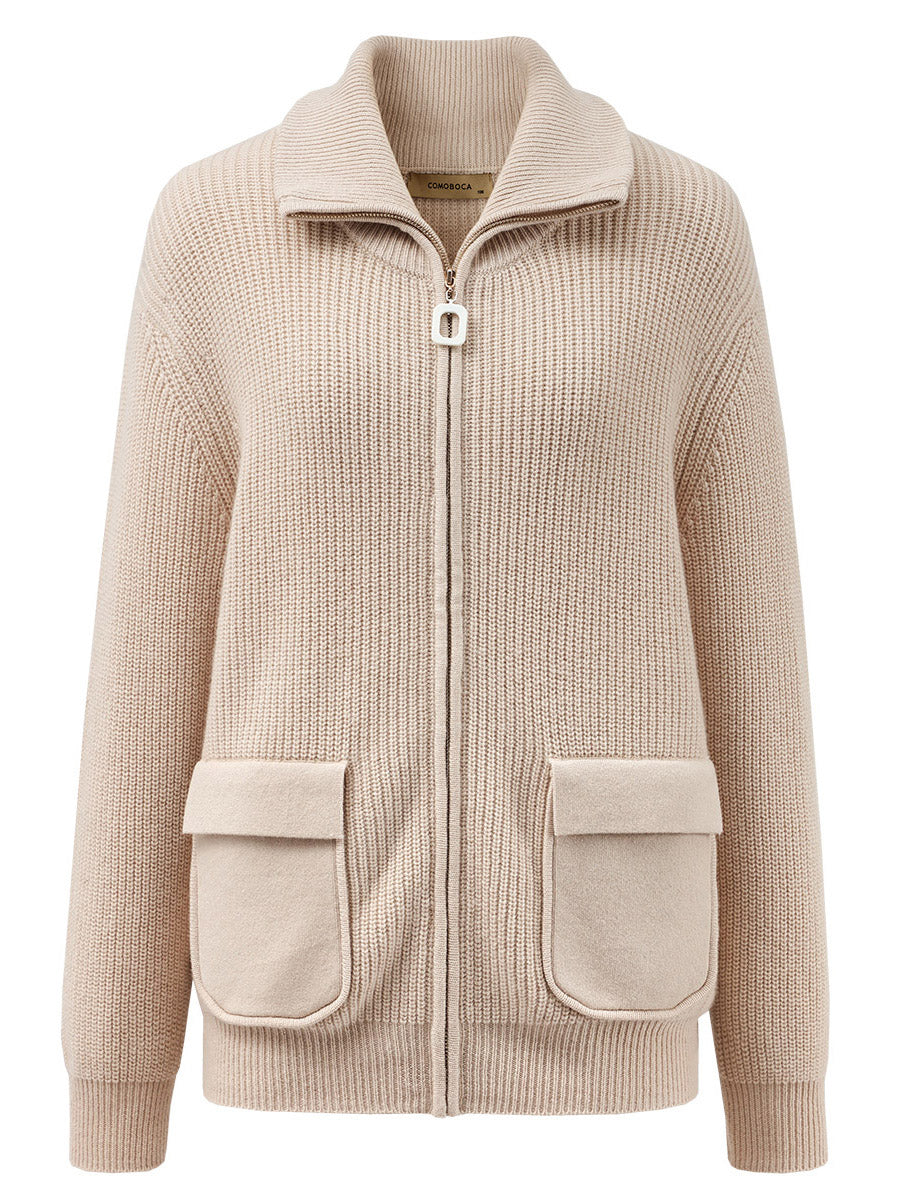 COMOBOCA 100% Wool Women's Knit Zipper Cardigan with Pockets