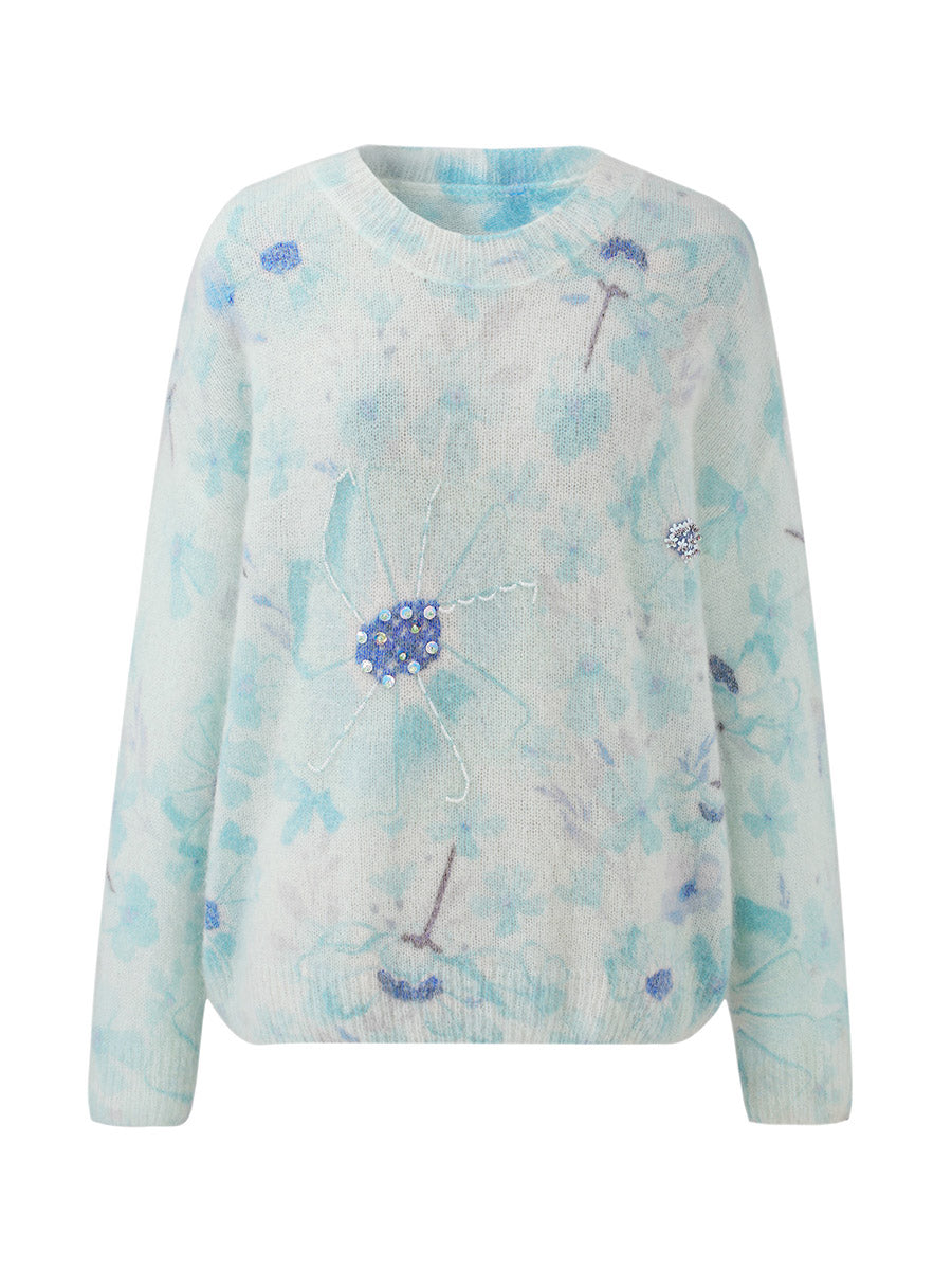 COMOBOCA Women's Floral Printed Round Neck Sweater