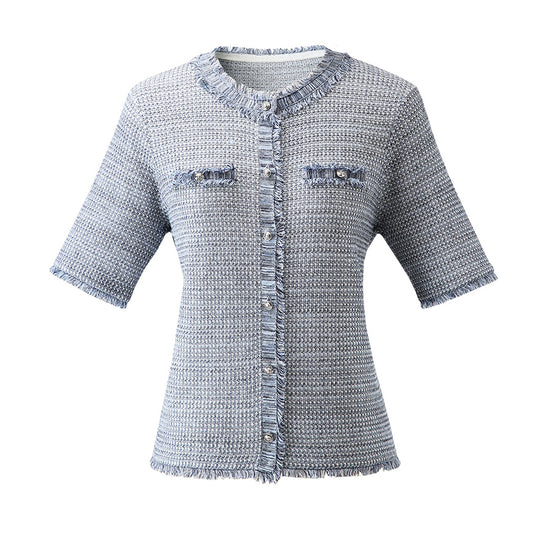 COMOBOCA Women's Cotton Silk Frayed Edge Button-Up Blouse