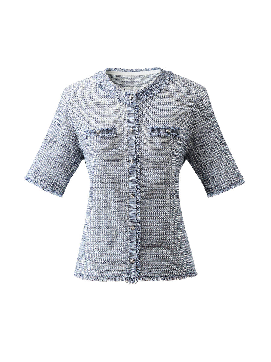 COMOBOCA Women's Cotton Silk Frayed Edge Button-Up Blouse