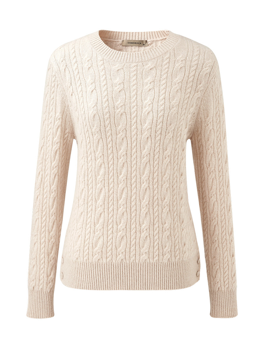 COMOBOCA 100% Cashmere Women's Cable Round Neck Knit Sweater