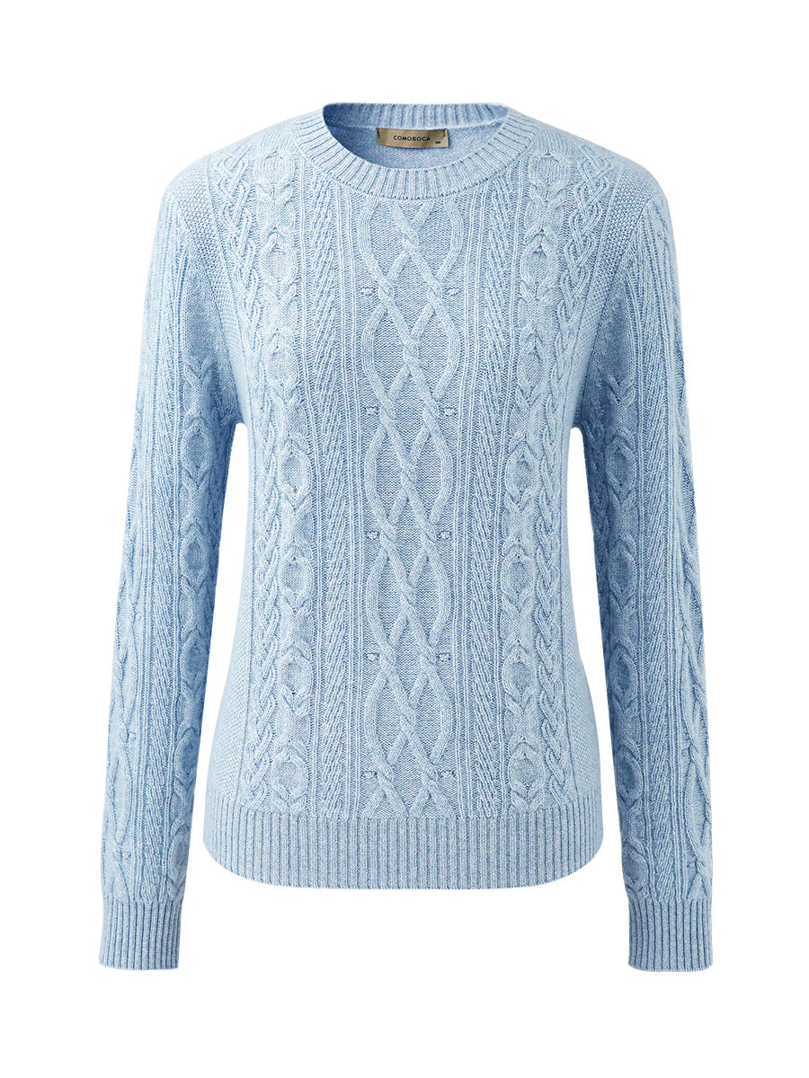 COMOBOCA 100% Cashmere Women's Cable Round Neck Knit Sweater