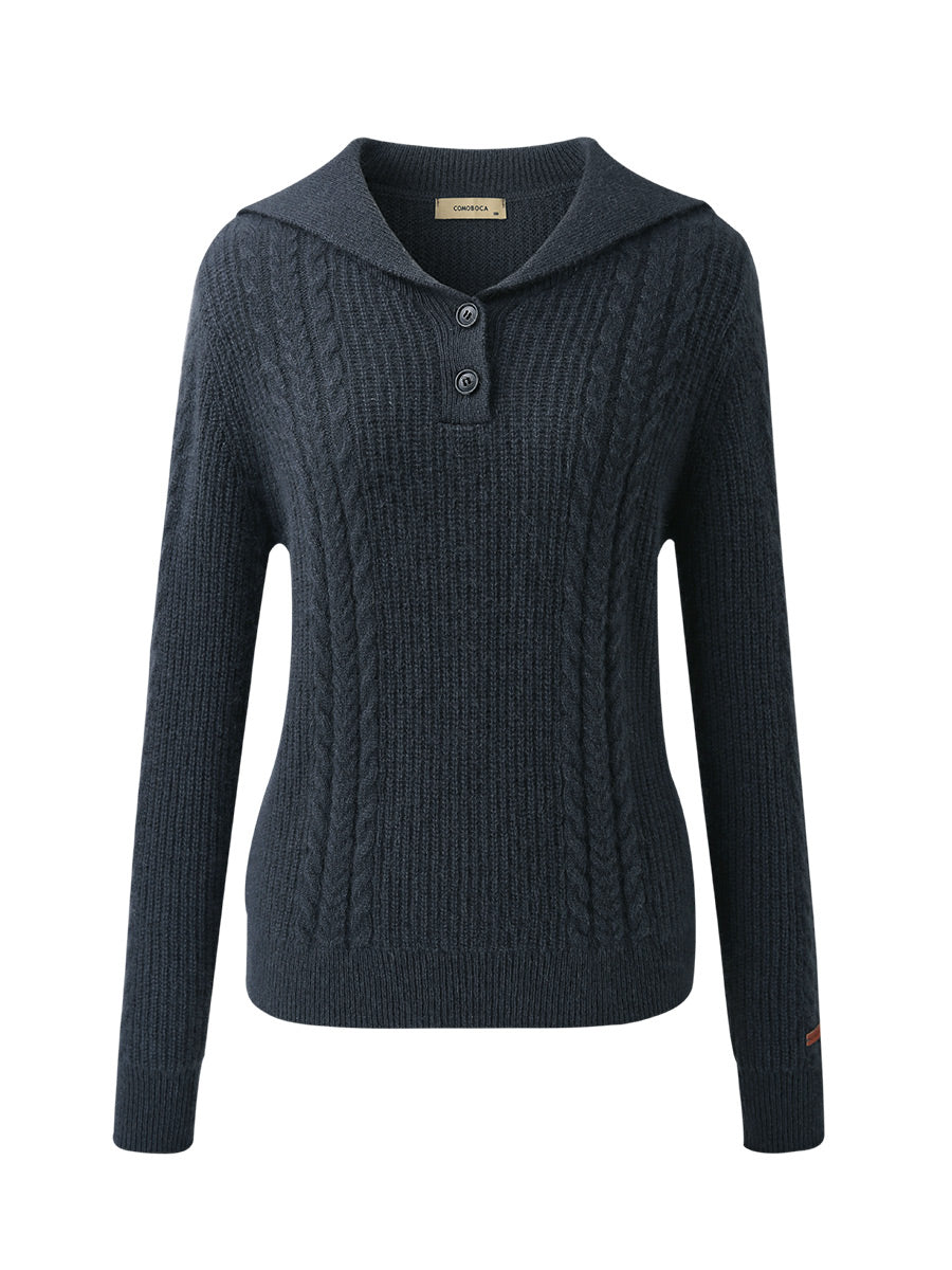 COMOBOCA 100% Cashmere Women's Cable Sailor Collar Sweater
