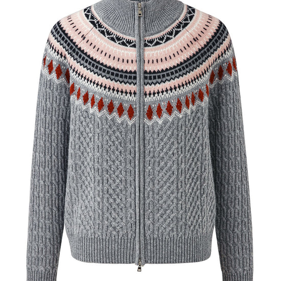 COMOBOCA 100% Wool Women's Fair Isle Zip Up Cable Knit Cardigan
