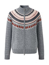 COMOBOCA 100% Wool Women's Fair Isle Zip Up Cable Knit Cardigan