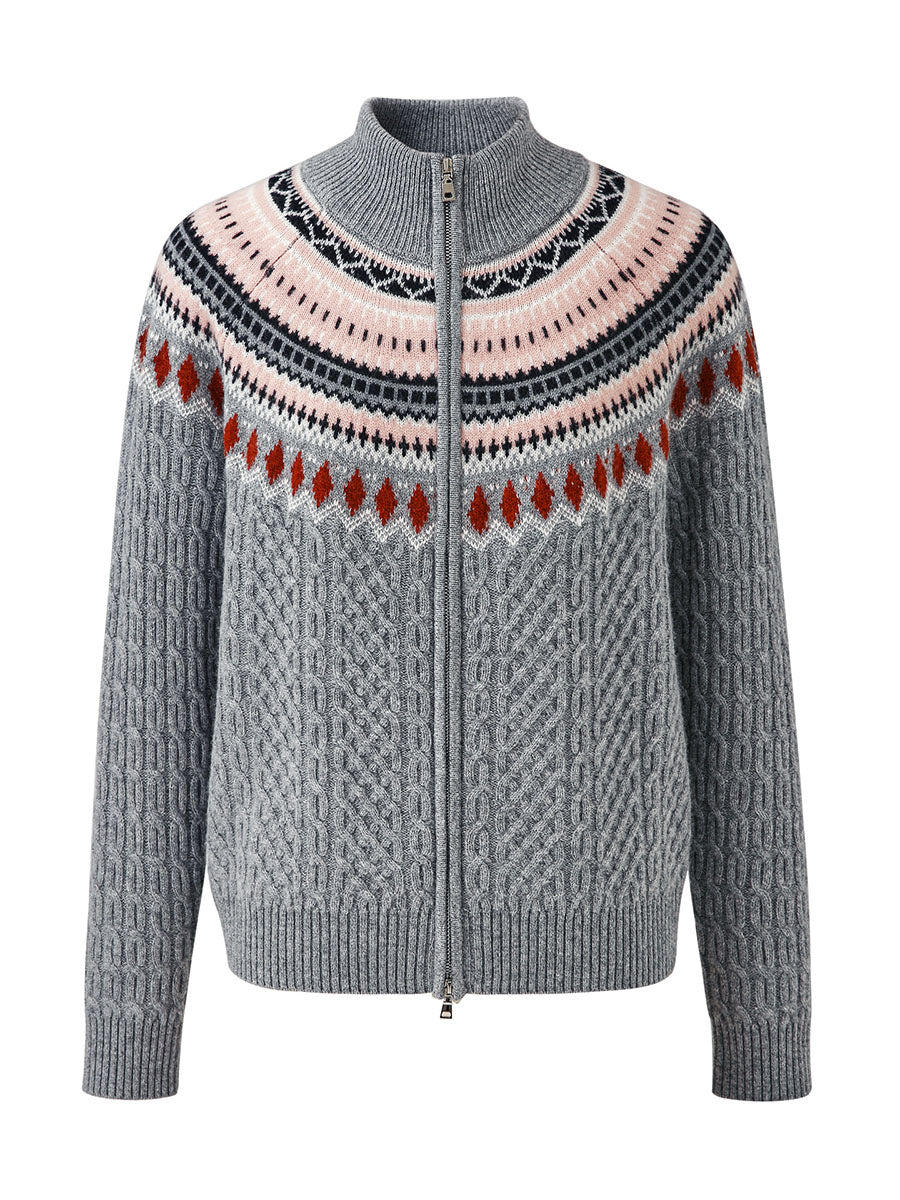 COMOBOCA 100% Wool Women's Fair Isle Zip Up Cable Knit Cardigan