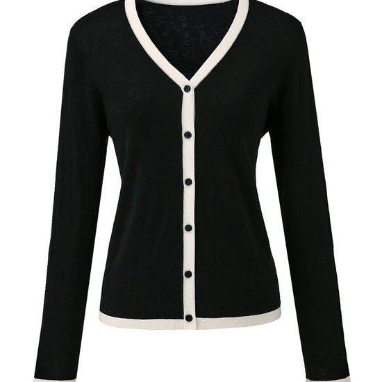 COMOBOCA Women's Ribbed V-neck Cardigan with White Trim