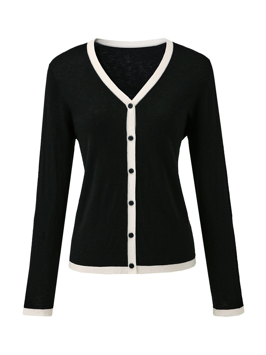 COMOBOCA Women's Ribbed V-neck Cardigan with White Trim