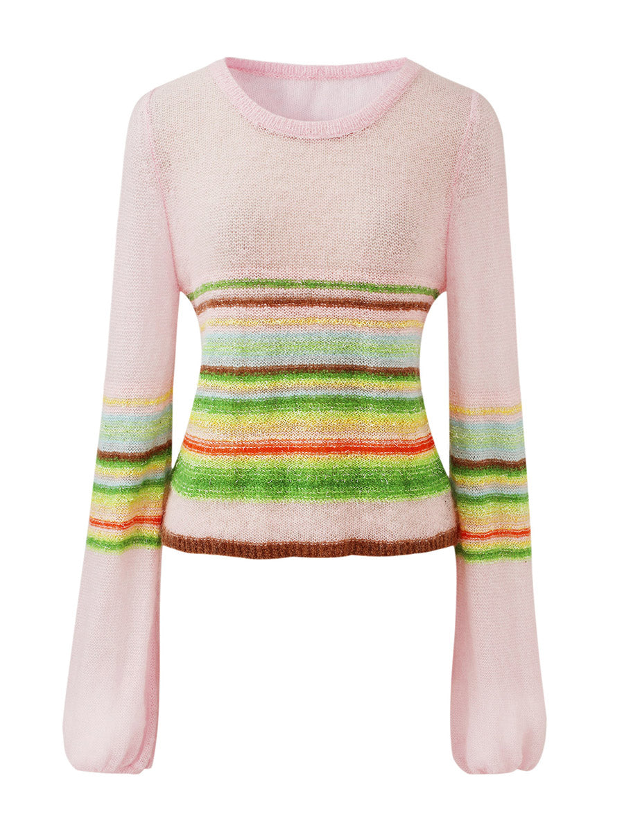 COMOBOCA Women's Rainbow Striped Flared Sleeve Sweater