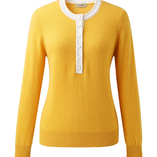 COMOBOCA 100% Cashmere Women's Contrast Trim Button Front Sweater