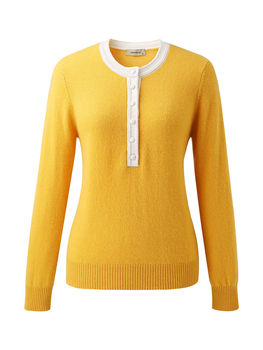 COMOBOCA 100% Cashmere Women's Contrast Trim Button Front Sweater