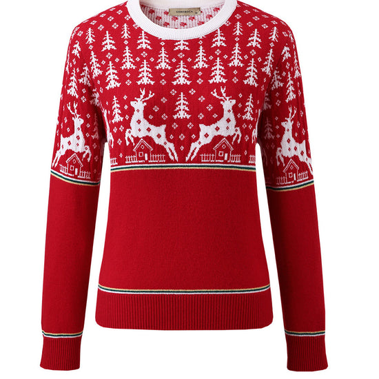 COMOBOCA 100% Wool Women's Reindeer Knit Sweater