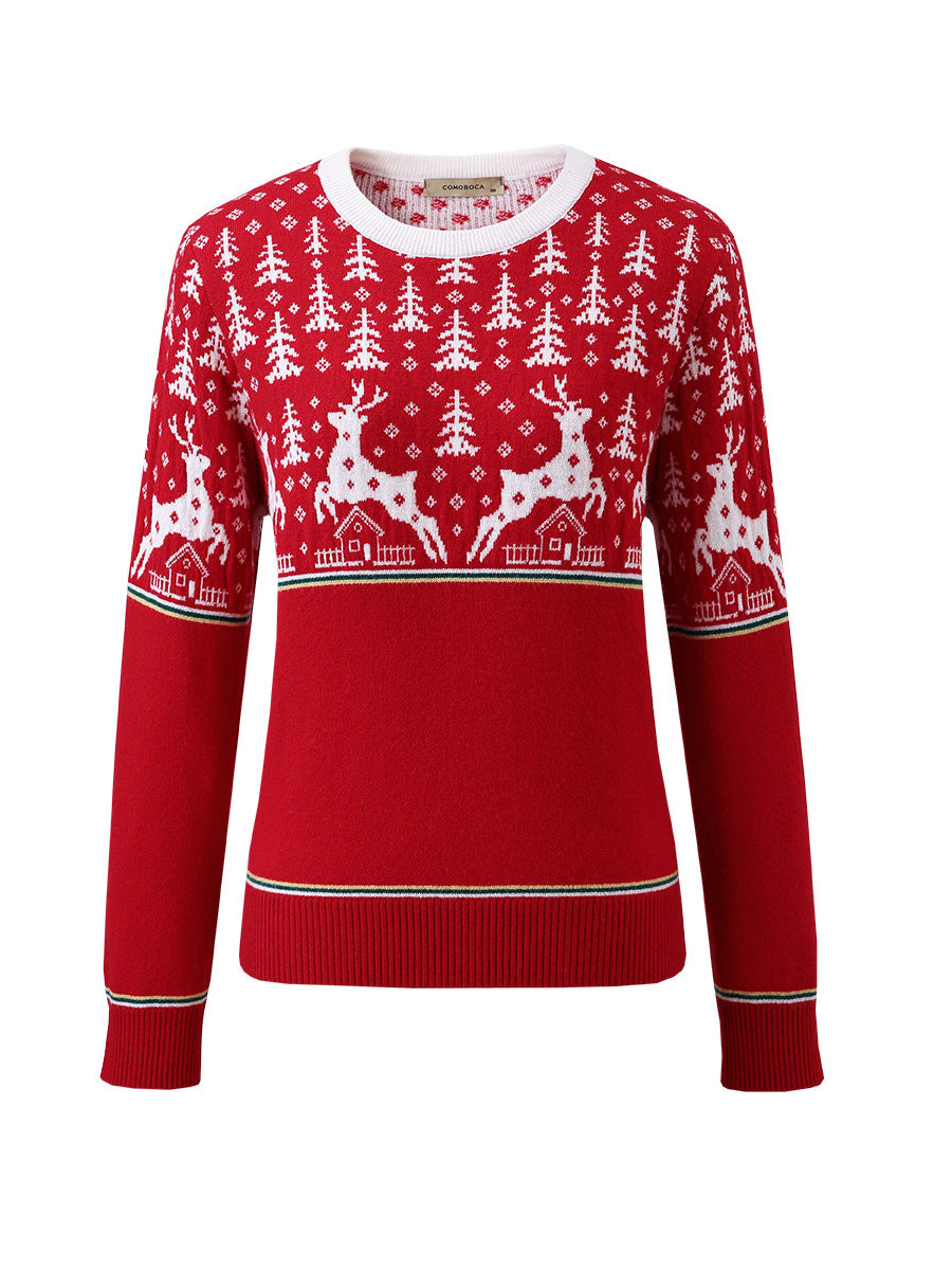 COMOBOCA 100% Wool Women's Reindeer Knit Sweater