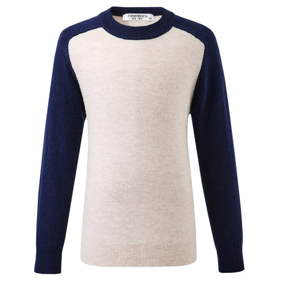 COMOBOCA 100% Wool Kids' Round Neck Color Block Sweater