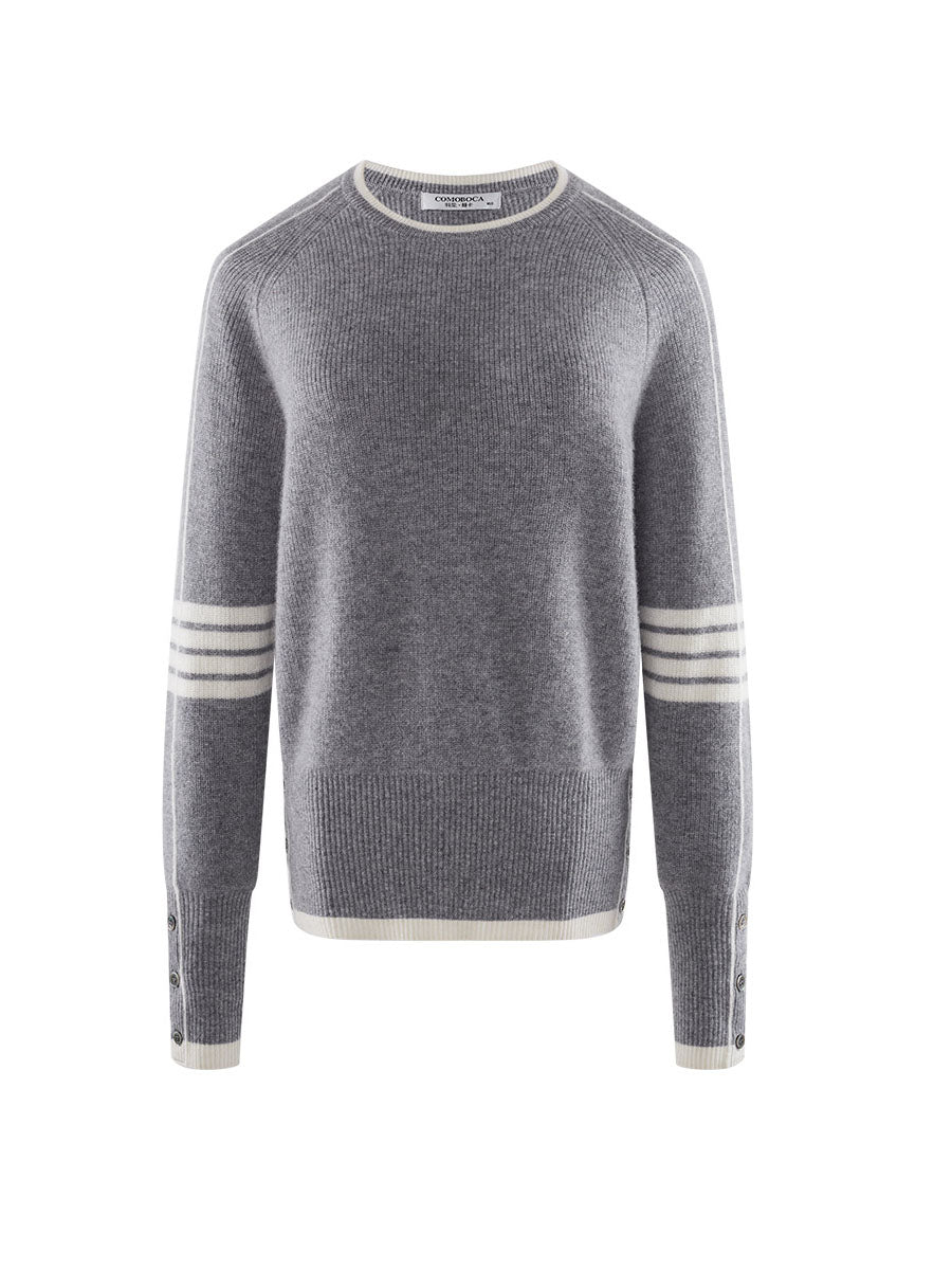 COMOBOCA 100% Cashmere Women's Striped Sleeve Round Neck Sweater
