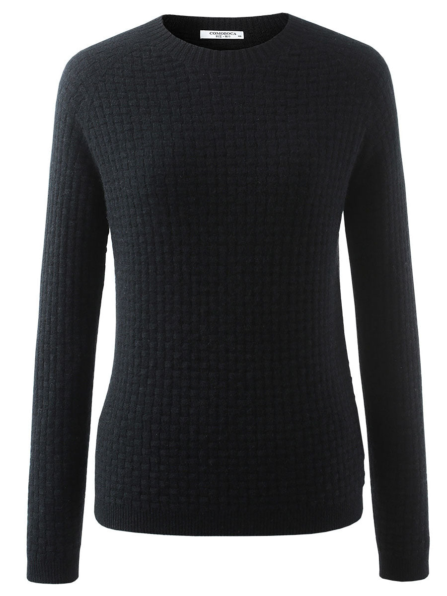 COMOBOCA Black 100% Cashmere Women's Round Neck Ribbed Knit Sweater