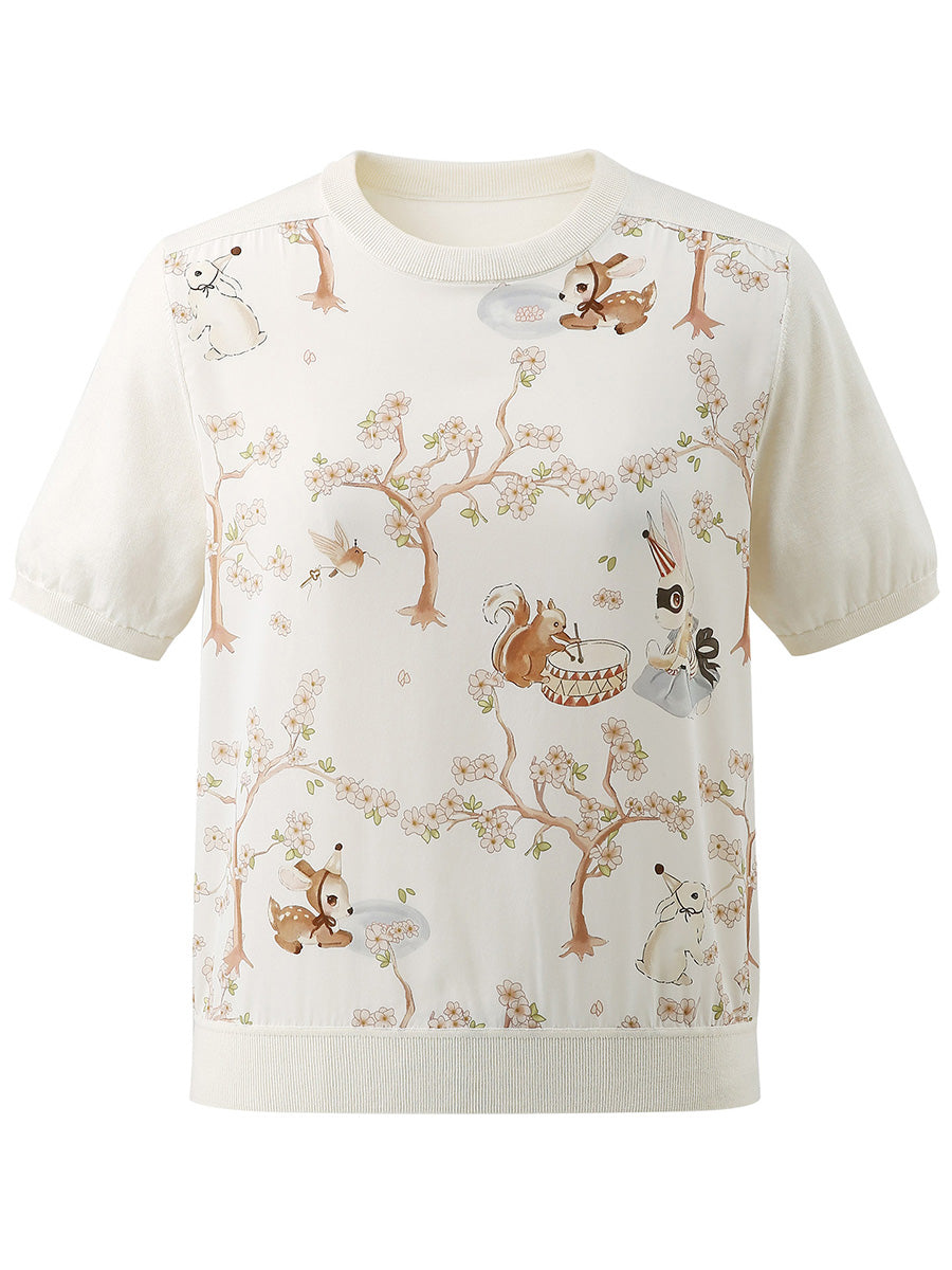 COMOBOCA Women's Mixed Print Short Sleeve Knit Top