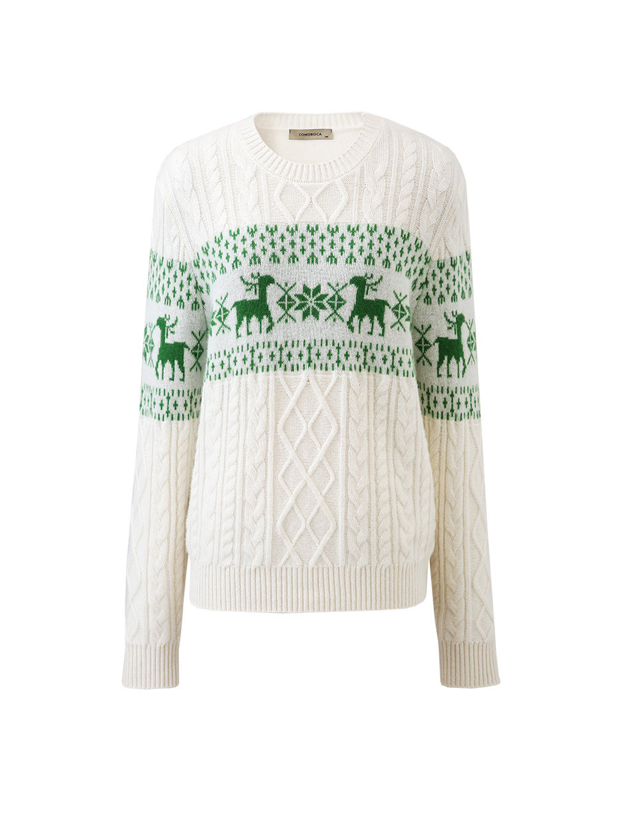 COMOBOCA 100% Cashmere Women's Cozy Reindeer Fair Isle Knit Sweater