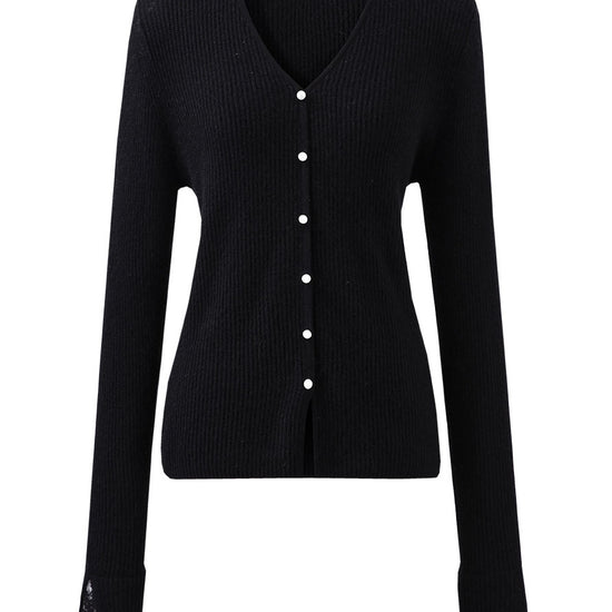 COMOBOCA 100% Cashmere Women's Faux Button Sweater with Lace Cuff